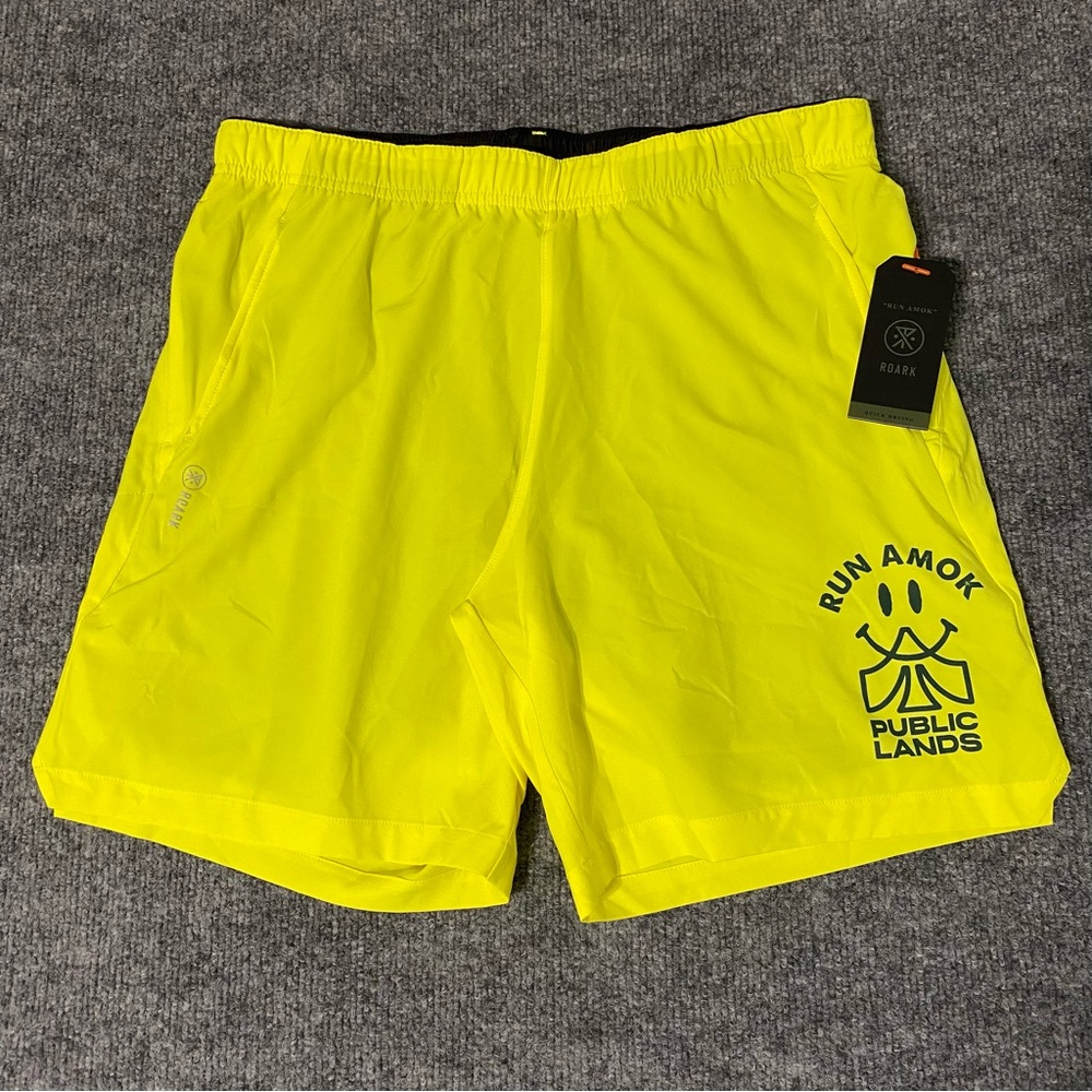 Roark Run Amok X Public Lands Bommer Ridge 7" Mens Medium Citron Shorts NWT